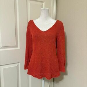 Eileen Fisher sz M viscose linen open knit 3/4 sleeve wide vneck top red orange
